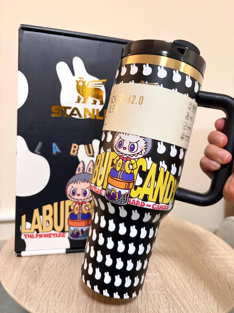 Labubu Stanley tumbler in use